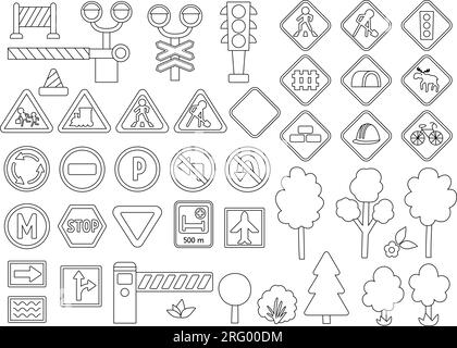 Vector black and white road signs set. Railway and traffic street line icons collection with barrier, semaphore, construction works cone. Cute highway Stock Vector