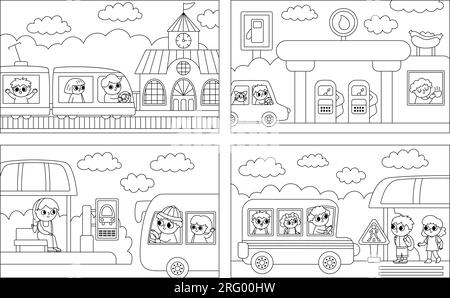 Vector black and white transportation scenes set. Cute line kids driving different transport. Horizontal landscapes or coloring page with boys and gir Stock Vector