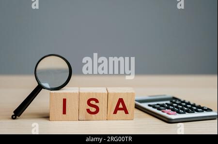 ISA - Individual Savings Account on a wooden blocks. Class of retail investment arrangement available to residents of the United Kingdom. Business and Stock Photo
