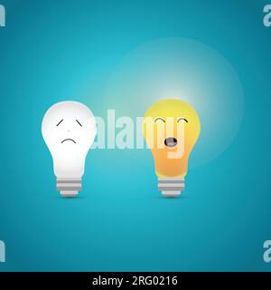 Light bulbs turned on and turned off with human faces expressing different emotions Stock Vector