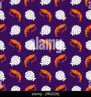 Shrimp and Spotted Puffer pattern seamless. Sea Life background. Baby fabric texture Stock Vector