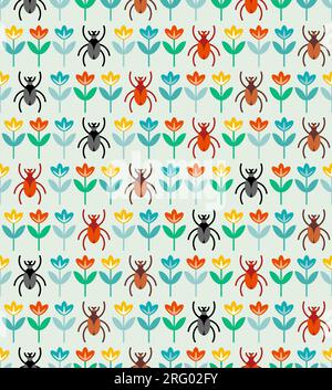 Beetle and flower pattern seamless. Insects and flowers background. Baby fabric texture Stock Vector