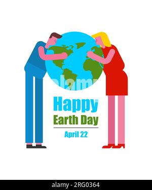 Earth day poster. People hugs and kisses planet earth. Concept of caring for environment and planet. Poster for  holiday. Stock Vector