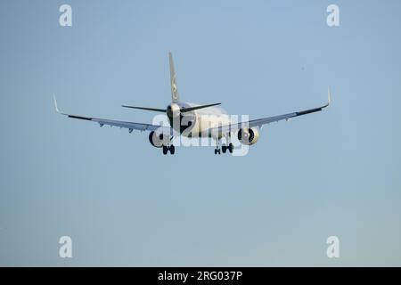 Helsinki / Finland - AUGUST 5, 2023:Airbus A320, operated by Lufthansa, approaching the airport during sunset. Stock Photo