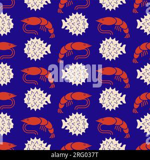 Shrimp and Spotted Puffer pattern seamless. Sea Life background. Baby fabric texture Stock Vector
