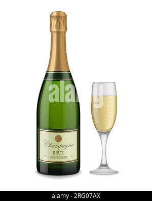 Realistic 3D champagne Golden Bottle and Glass Icon isolated on white ...