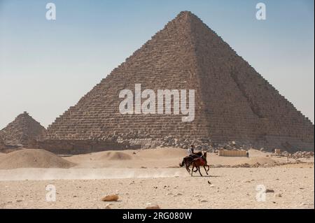 Africa, Egypt, Giza. Horses gallop in view of one of the great pyramids of Giza. Stock Photo