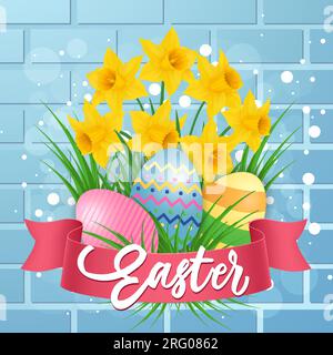 Easter Lettering With Daffodils and Ribbon Stock Vector