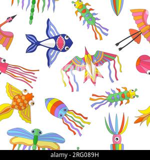 Kites pattern. Colored cartoon flying funny kites. Vector seamless background Stock Vector