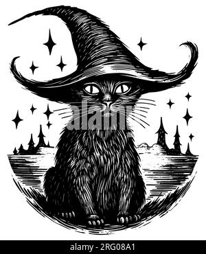 Black Cat with Witch Hat Stock Vector