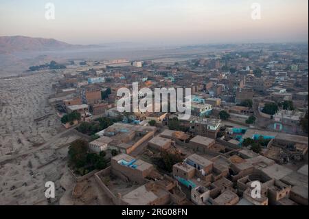 Africa, Egypt, Luxor. Aerial view over the Valley of the Kings at sunrise. Stock Photo