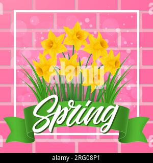 Spring Lettering on Ribbon With Daffodils Stock Vector