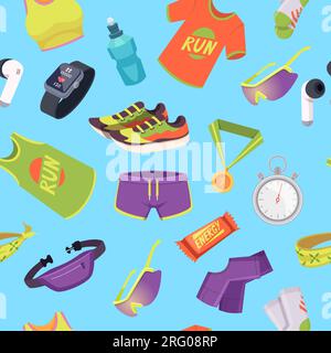 Sport pattern. Run marathon items tshirt sneakers fitness clock. Vector seamless template Stock Vector