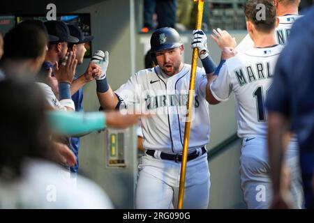 Seattle Mariners' Julio Rodriguez holds a trident in the dugout after  hitting a home run against the Oakland Athletics in a baseball game Monday,  Aug. 28, 2023, in Seattle. (AP Photo/Lindsey Wasson Stock Photo - Alamy