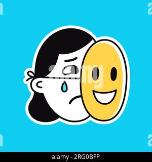 Crying sad woman hiding behind happy mask. Cartoon simple vector illustration. Stock Vector