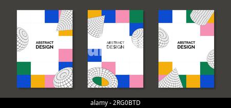 Colorful neo geometric design posters set. 3d torus, cone, cylinder and sphere shapes on checkered mosaic background. Set of retro futuristic templates for cover, banner, flyer. Vector pack Stock Vector