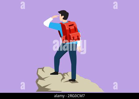 Character flat drawing back view of man with backpack, traveler, explorer standing on top of mountains or cliff, looking on valley. Discovery, explora Stock Photo