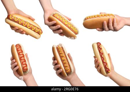 Collage with photos of people holding tasty hot dogs on white background, closeup Stock Photo