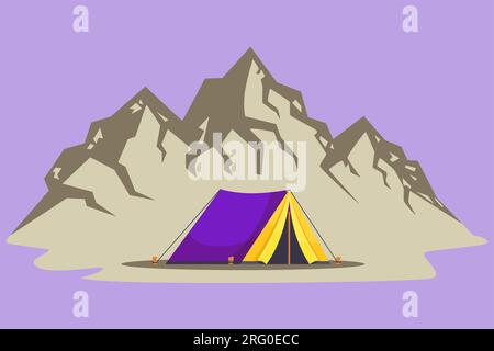 Graphic flat design drawing summer camping day and sunset posters. Banners with mountains, trees, tent and campfire. Climbing, hiking, trekking sports Stock Photo