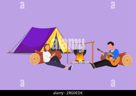 Cartoon flat style couple tourist camping. Camper sitting by campfire next camp tent, guy playing music guitar, people enjoy nature picnic. Outdoor su Stock Photo