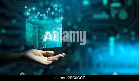 Human hand holding Ai Processor chip of Cube Technology. Big data storage, Cloud computing, Machine learning, Ai blockchain technology. Stock Photo