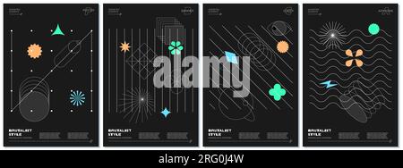 Trendy abstract brutalism poster set with memphis geometric shapes on black background. Modern brutalist style minimal prints design with simple graphic elements. Brutal y2k print vector eps templates Stock Vector