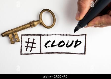Cloud computing concept. Text and gold key on white background. Stock Photo
