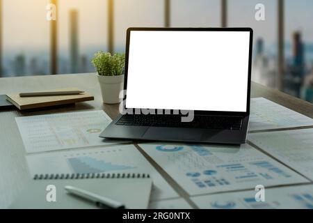 mock up Using laptop with blank screen computer modern Stock Photo