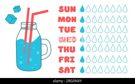 Water tracker template with jar glass and straw. Drinking water checklist. Vector illustration. Stock Vector