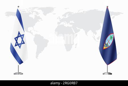 Israel and Guam flags for official meeting against background of world map. Stock Vector