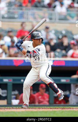 Minnesota Twins' Donovan Solano (39) celebrates after hitting a double  during the first inning a baseball game against the Los Angeles Dodgers in  Los Angeles, Tuesday, May 16, 2023. (AP Photo/Ashley Landis