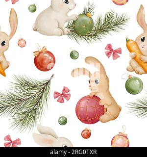 Seamless pattern. Bunny and rabbit with Christmas toys watercolor set. Hand drawn animals in different color. hare illustration element. Cute Stock Photo