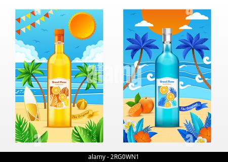 Summer cocktail ad. Beach waves, fruit drink party, yellow brand template with fresh ocean. Seashore vacation landscape. Tropical leaves and flowers. Stock Vector