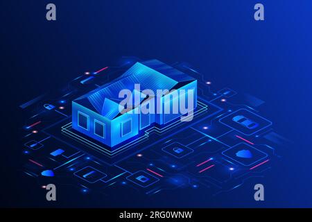 Smart home technology. Building IOT banner. Automated house by internet network. Security and appliance management system. Neon glow. Architecture aut Stock Vector