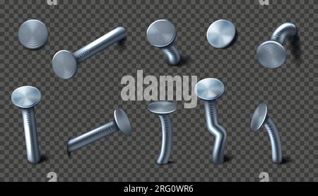 Metal nails. Drive pin in wall with hammer. 3D iron spike. Curved steel sticks. Old hardware. Realistic metallic circle head. Building tools. Industri Stock Vector