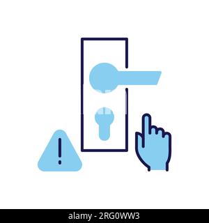 Do not touch door handle related vector icon. Doorknob, hand and exclamation mark in triangle. Do not touch door sign. Isolated on white background. E Stock Vector