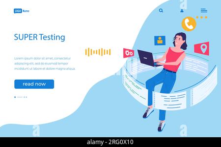 Computer testing. Landing page. Software development tester. Website interface design. Online program optimization. Application programming. Woman wor Stock Vector