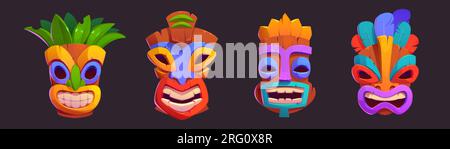 Tiki masks with toothy smile - cartoon vector illustrations set of colorful tribal traditional wooden totems. Images of deities of Hawaiian and Polynesian culture, decorated with leaves and feathers. Stock Vector