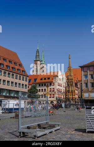 Nuremberg, Germany - July 19, 2023: View of central market square center Hauptmarkt of Nurnberg, Franconia, Bavaria  Stock Photo