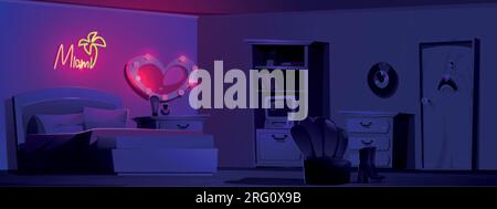 Girly retro bedroom at night. Vector cartoon illustration of teen girls groovy room with bed, old computer and books on bookcase shelf, heart mirror and pink neon lamp on wall, funny stickers on door Stock Vector