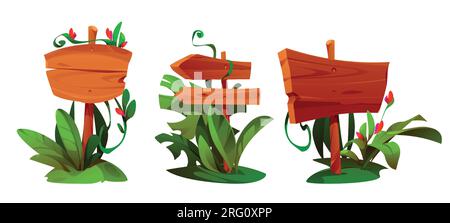Set of jungle signboards isolated on white background. Vector cartoon illustration of wooden direction indicators and nameplates decorated with green tropical plants and flowers. Game menu border Stock Vector