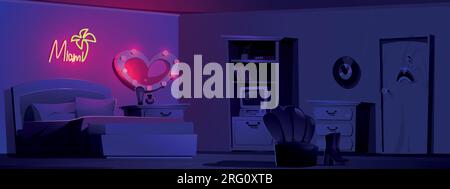 Girly retro bedroom at night. Vector cartoon illustration of teen girls groovy room with bed, old computer and books on bookcase shelf, heart mirror and pink neon lamp on wall, funny stickers on door Stock Vector