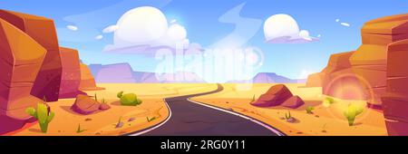 Canyon desert landscape with road perspective. Vector cartoon illustration of sandy valley with cacti and rocky stones walls under blue sky with clouds, sun flares, summer travel to western wilderness Stock Vector