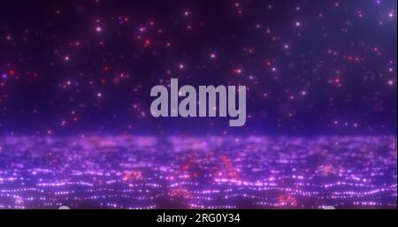 Abstract background of purple glowing falling particles and moving magical energy waves. Stock Photo