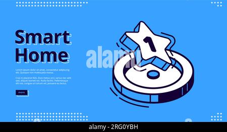 Smart home banner. Internet of things technology concept. Vector landing page of house control system with isometric icon of rank star, first place award on blue background Stock Vector
