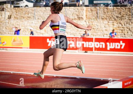 Jerusalem, Israel. 07th Aug, 2023. Rhune Vanroose pictured in action during the women's 3000m steeplechase, at the European Athletics U20 Championships, Monday 07 August 2023, in Jerusalem, Israel. The European championships take place from 07 to 10 August. BELGA PHOTO COEN SCHILDERMAN Credit: Belga News Agency/Alamy Live News Stock Photo