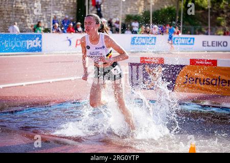 Jerusalem, Israel. 07th Aug, 2023. Rhune Vanroose pictured in action during the women's 3000m steeplechase, at the European Athletics U20 Championships, Monday 07 August 2023, in Jerusalem, Israel. The European championships take place from 07 to 10 August. BELGA PHOTO COEN SCHILDERMAN Credit: Belga News Agency/Alamy Live News Stock Photo