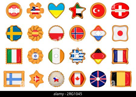 Set homemade cookie with flag country world in tasty biscuit, cookie consist of sign flag country world on natural biscuit, fresh biscuit cookie with Stock Vector