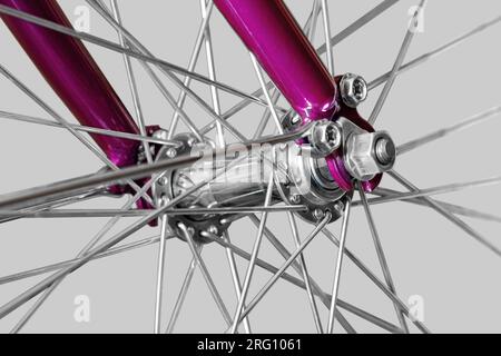 Bicycle wheel hub. Bicycle wheel. Isolated on light gray background. Stock Photo