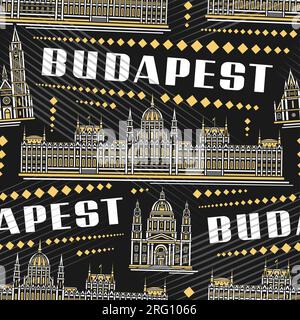 Vector Budapest Seamless Pattern, repeat background with illustration of famous european budapest city scape on dark background for wrapping paper, de Stock Vector